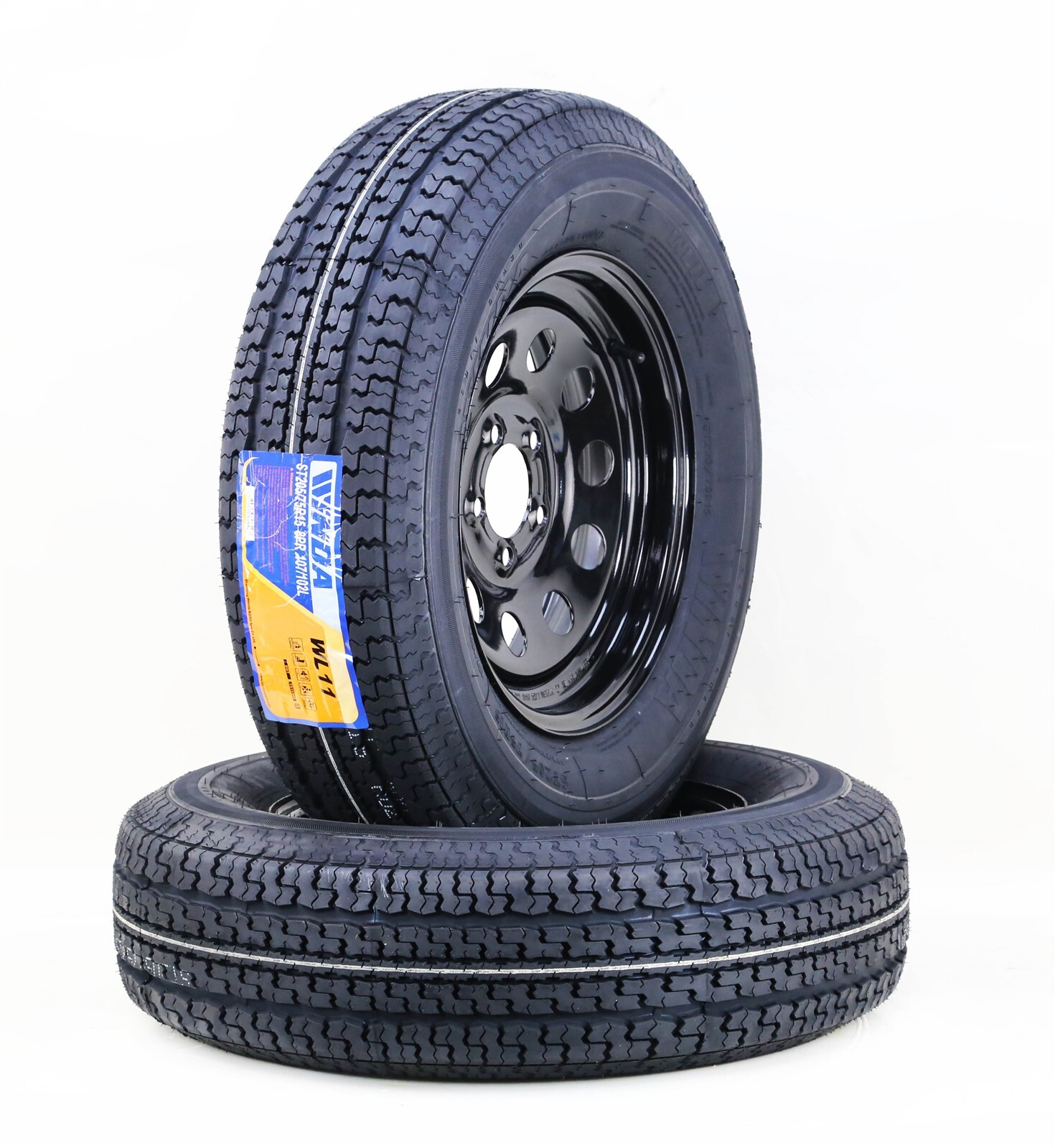 WINDA Trailer Tire Rim ST205/75R15 8-Ply D 107L 5 Lug x 4.5″ Black Mod,SET 2