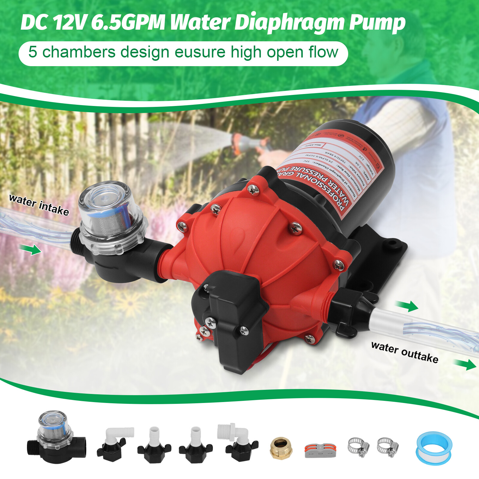 RV Water Diaphragm Pump DC 12V 6.5 GPM High Pressure Self-Priming Pump 70PSI