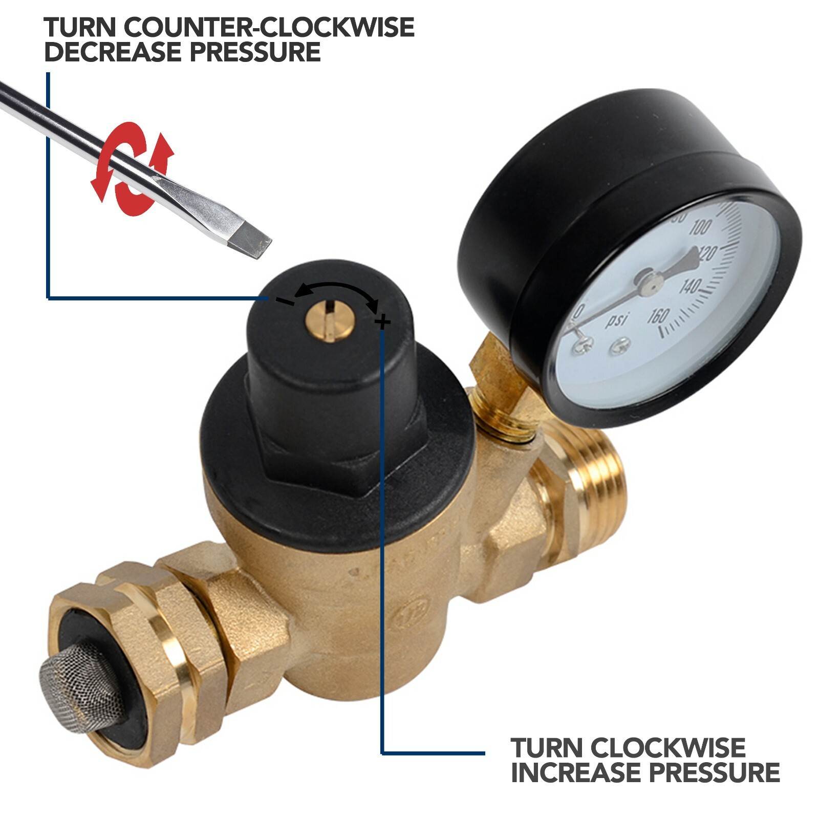 RV Adjustable Water Pressure Regulator With Gauge for Camper Brass Lead Free LCW