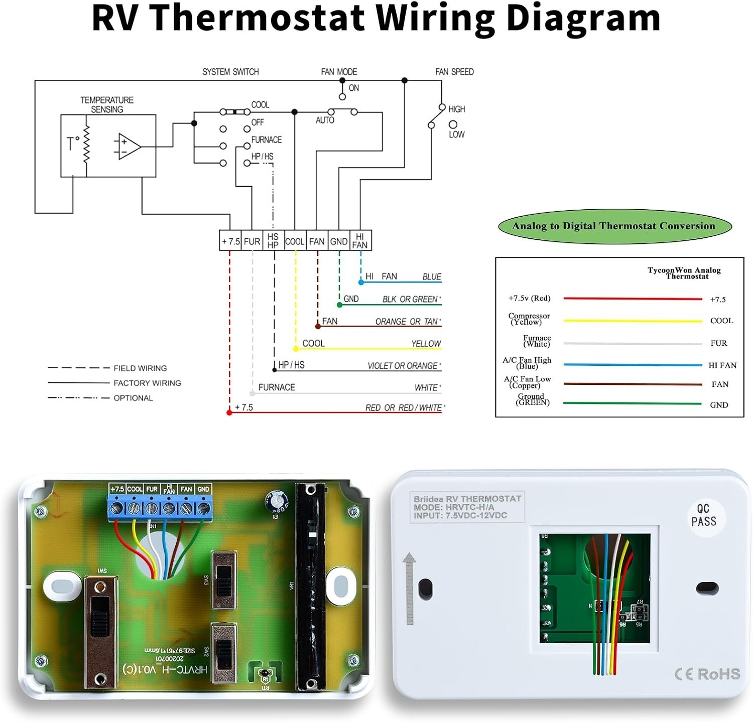 Compact Wall-Mount RV Thermostat – White Analog Design, Cool/Furnace/Fan Control