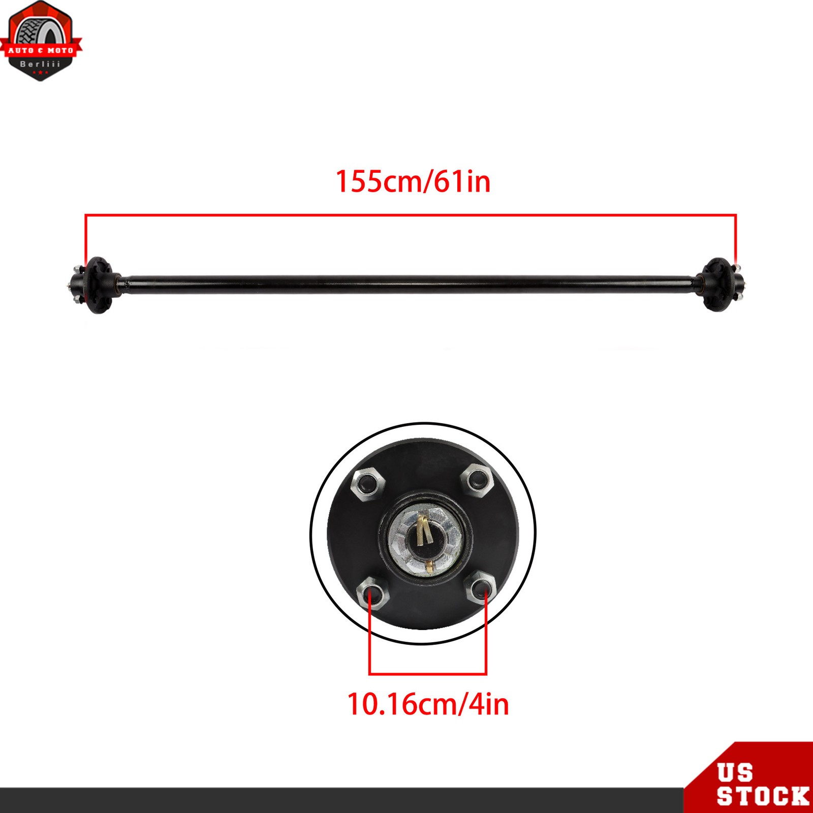 2000 lbs Trailer Axle with U-Bolt Kit 4 lug-4″ 61″ Hub Face 46″ Spring Center