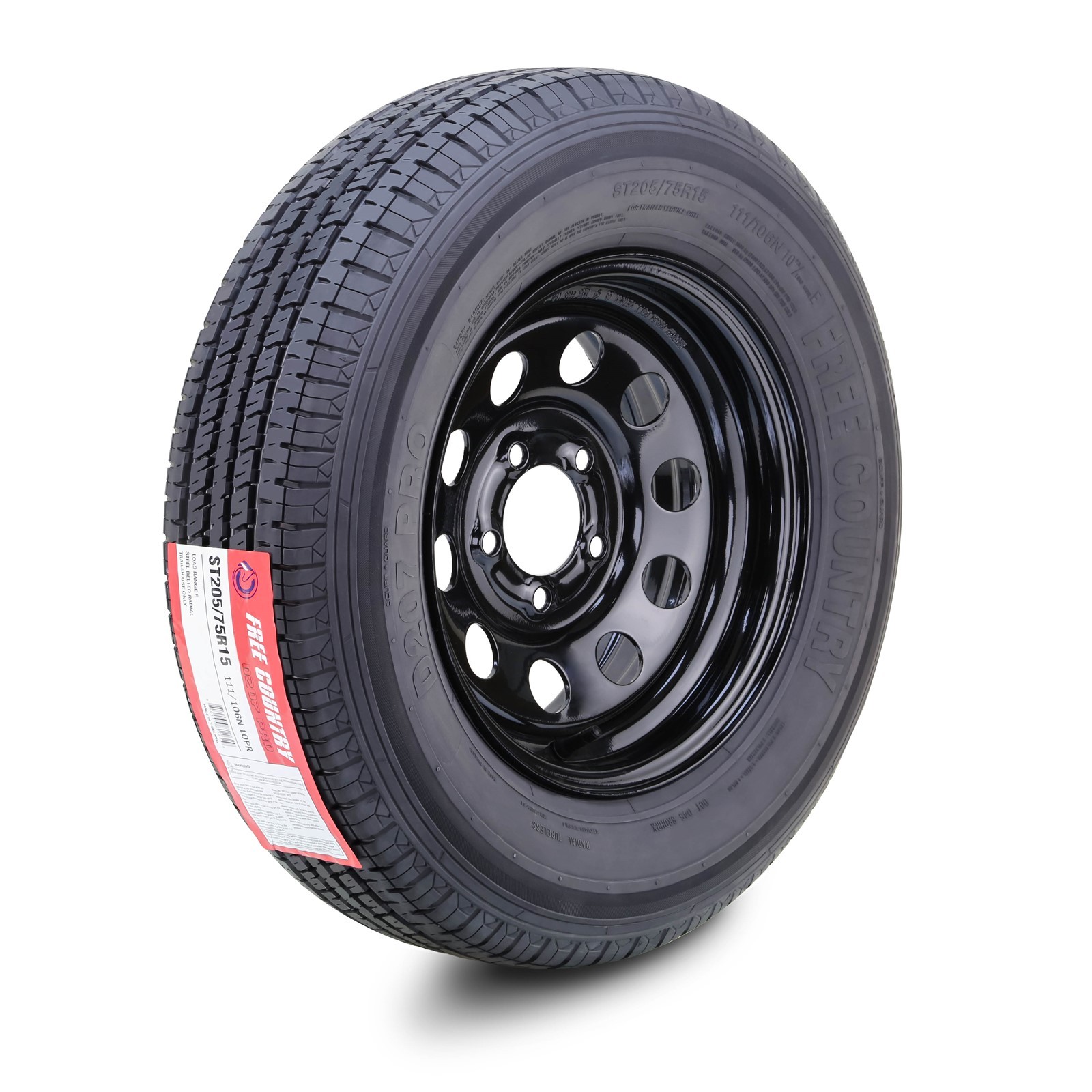 FREE COUNTRY ST205/75R15 Trailer Tire & Wheel 10-Ply E w/ 5X4.5″ Black Mod Rim