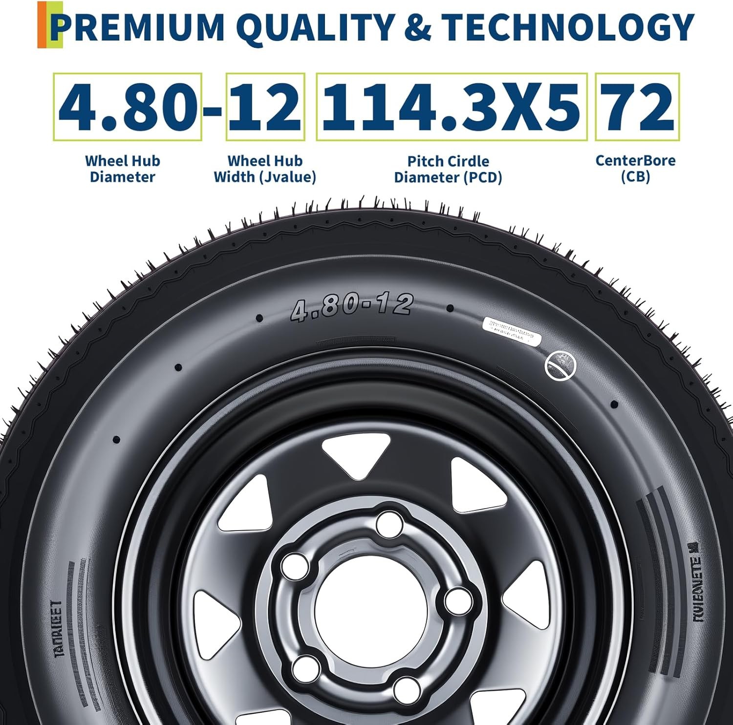 2 PCS Trailer Tires 4.80-12 4.8×12 Highway Boat Tires Load Range C 5 Lug on 4.5″