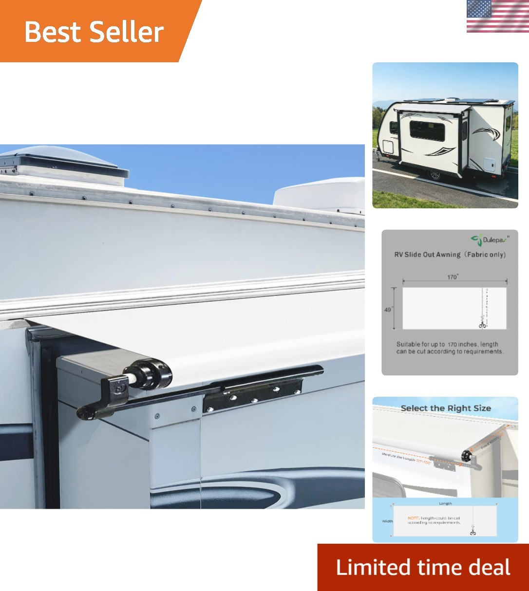 Universal RV Slide Out Awning Fabric Replacement, 49″ x 170″, White Elegance