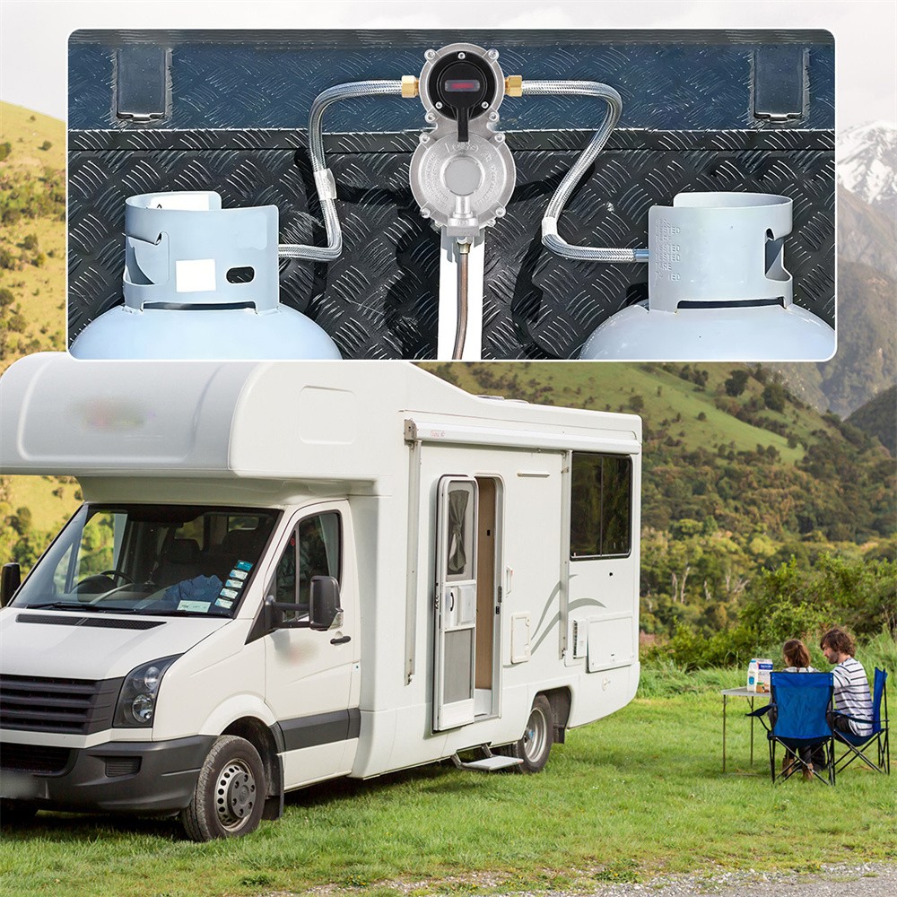 2-Stage RV Camper LP Propane Regulator Automatic Changeover & 2 Tank Hoses New