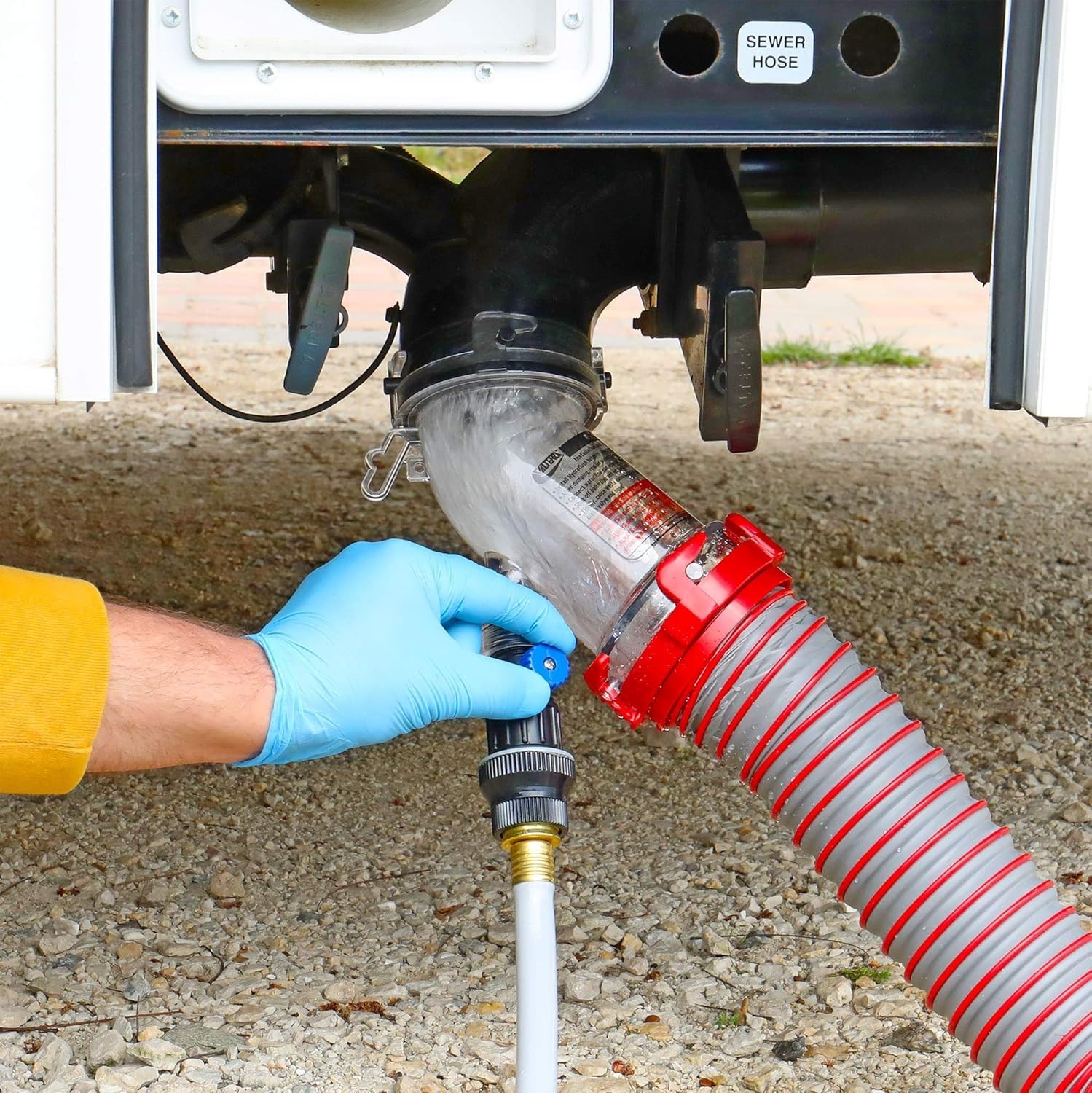 Efficient 45-Degree Hydroflush for RVs with Clear Visibility and Safety Valve