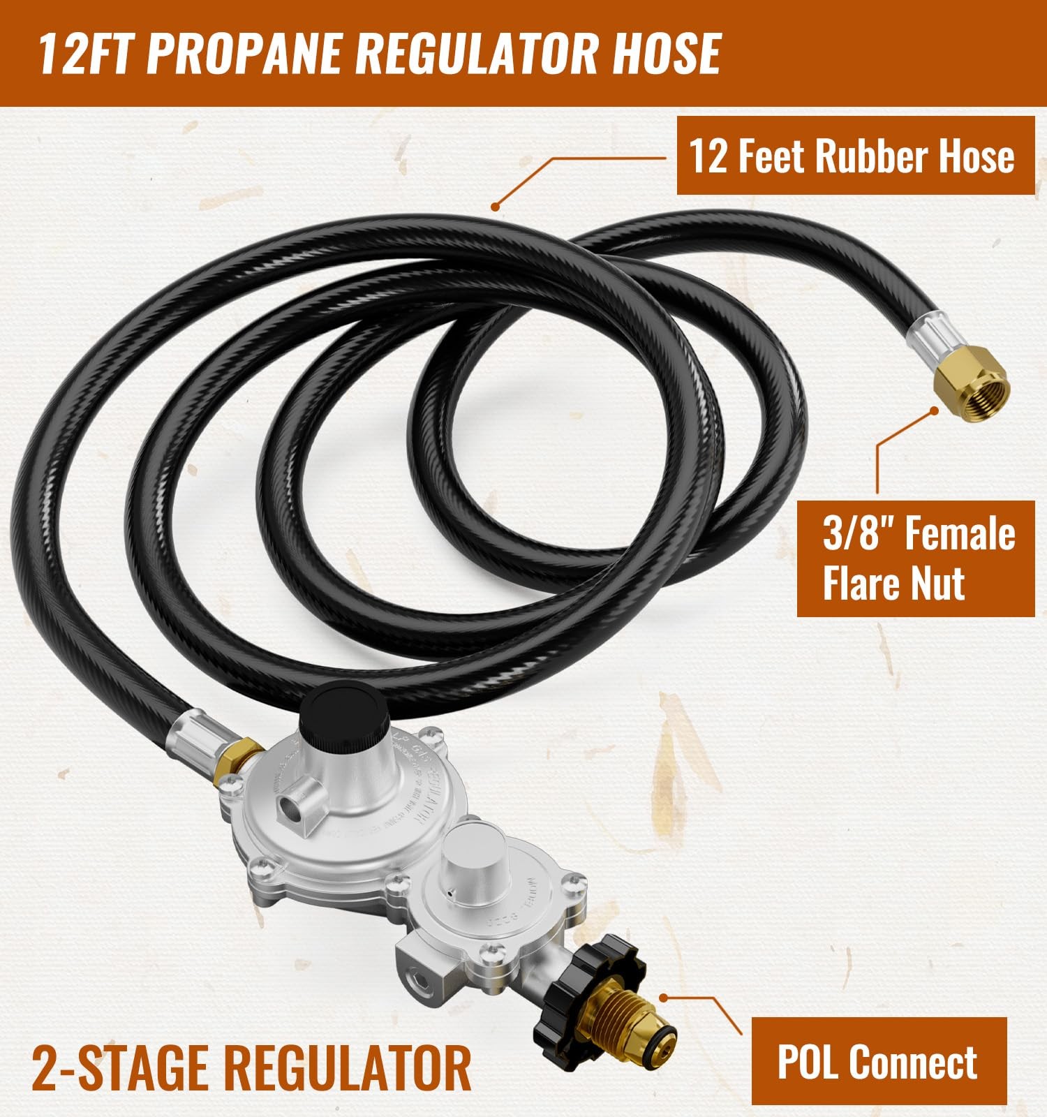 12FT 2Stage Propane Regulator with Hose for RVs, Generators, Grills, Heaters
