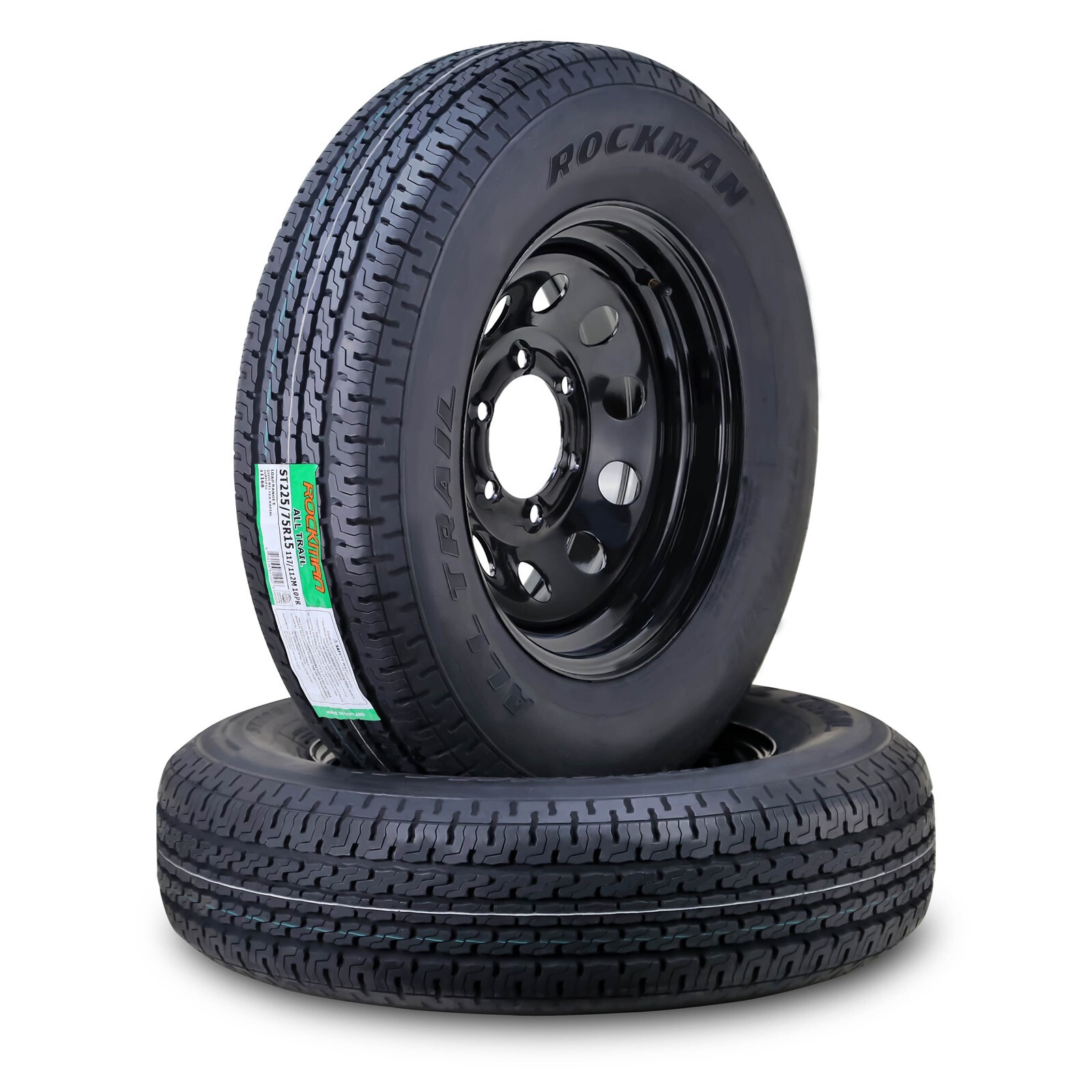 2 ROCKMAN Trailer Tire Wheel ST225/75R15 10-Ply E 117M 6 Lug on 5.5″ Black Mod