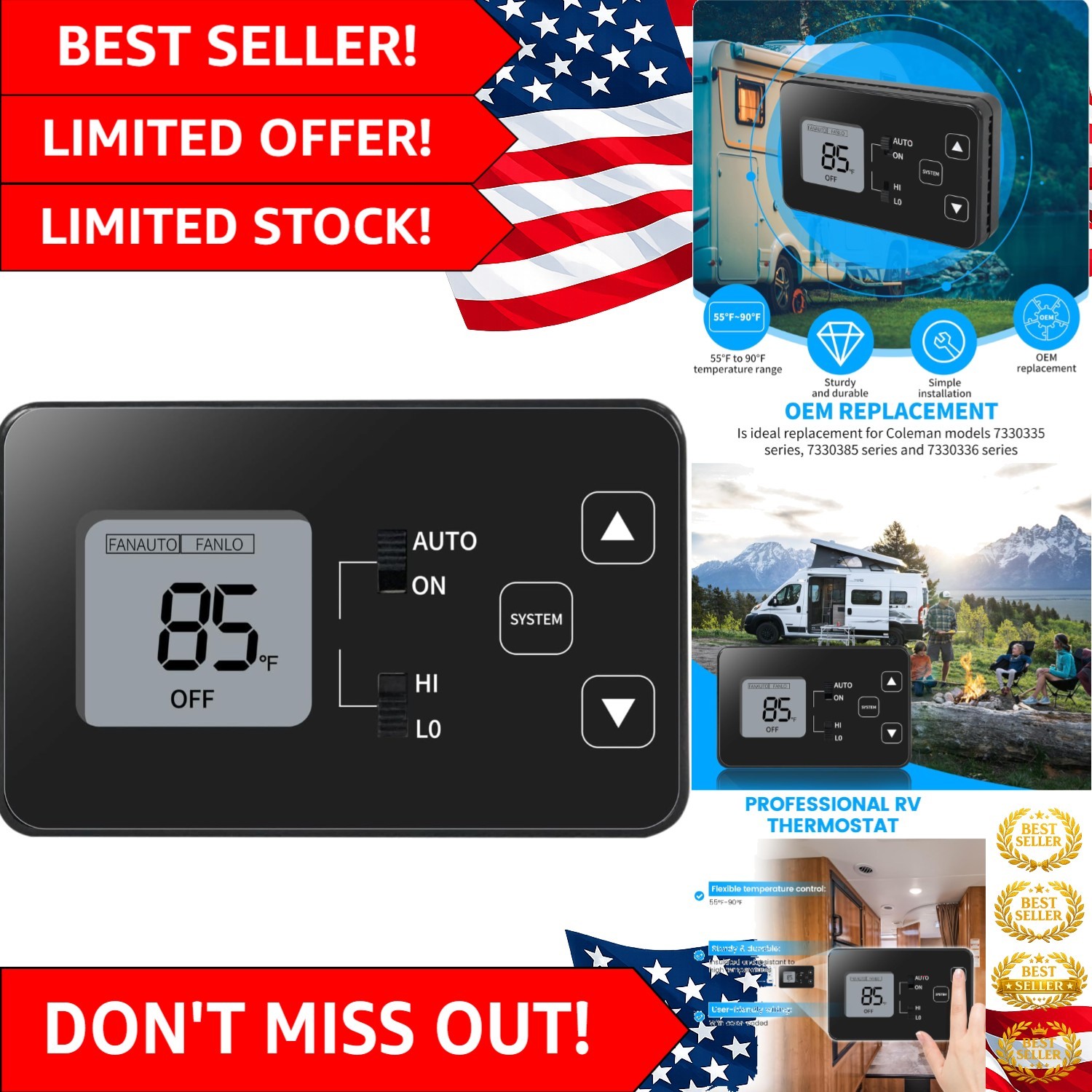 RV Thermostat for Coleman 7330 Series – 12V LCD – Adjustable 55°F-90°F Comfort