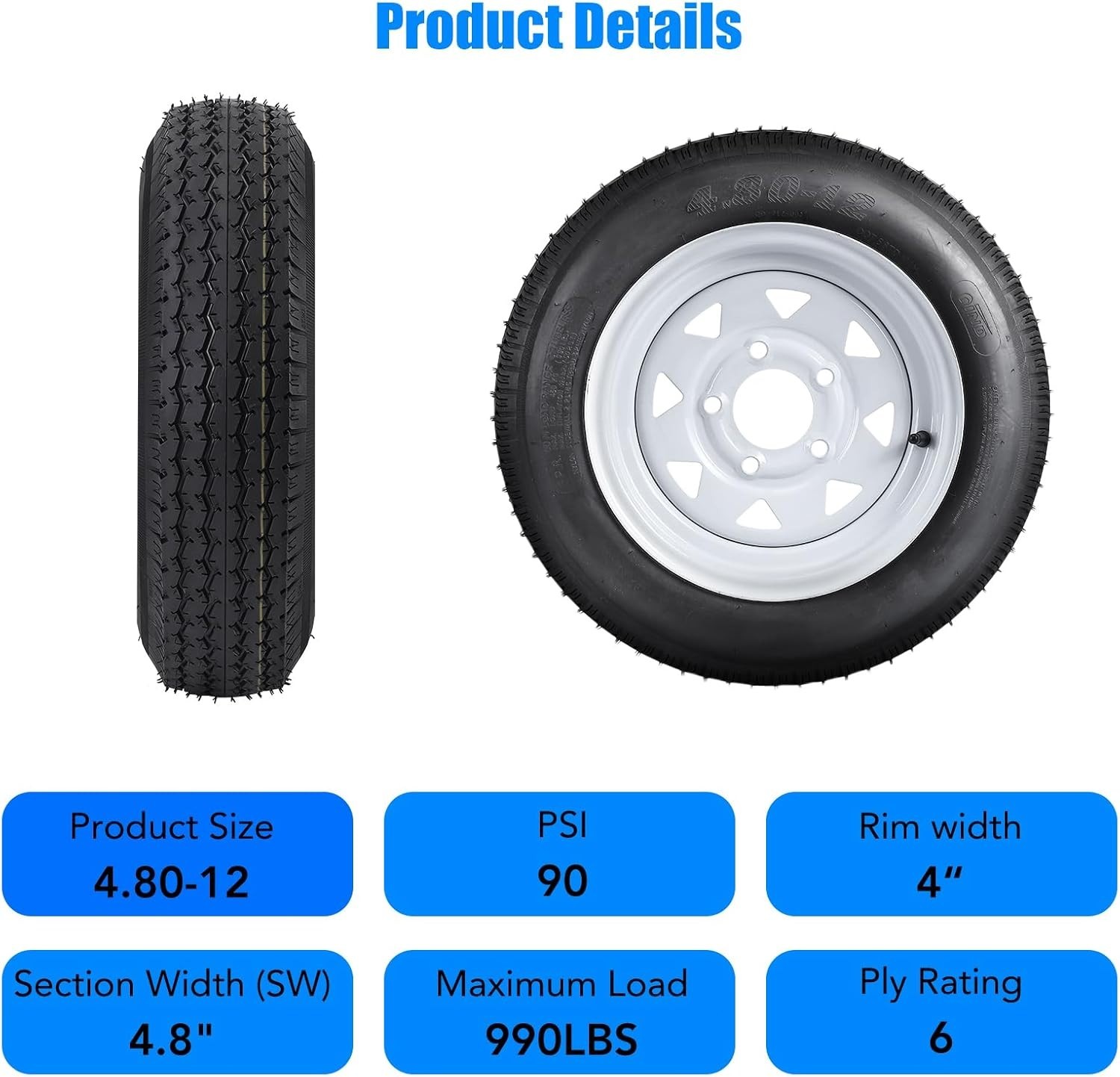 Trailer Tires 2 Pack 4.80-12 6PR Load C 12″ Wheels 5 Lug 4.5″ Bolt Pattern 90PSI