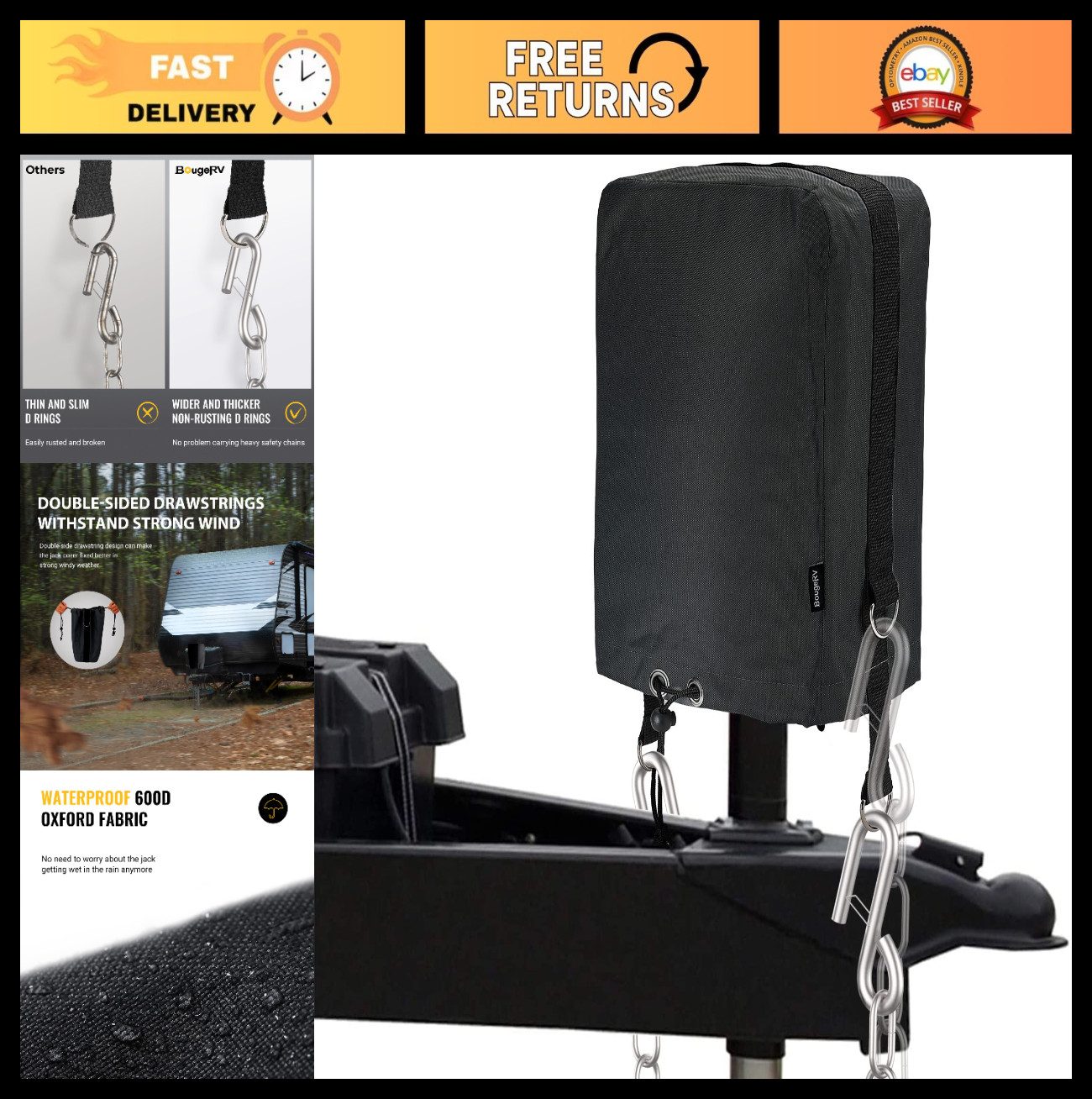 Universal RV Electric Tongue Jack Cover with D Rings – 600D Waterproof Protectiv