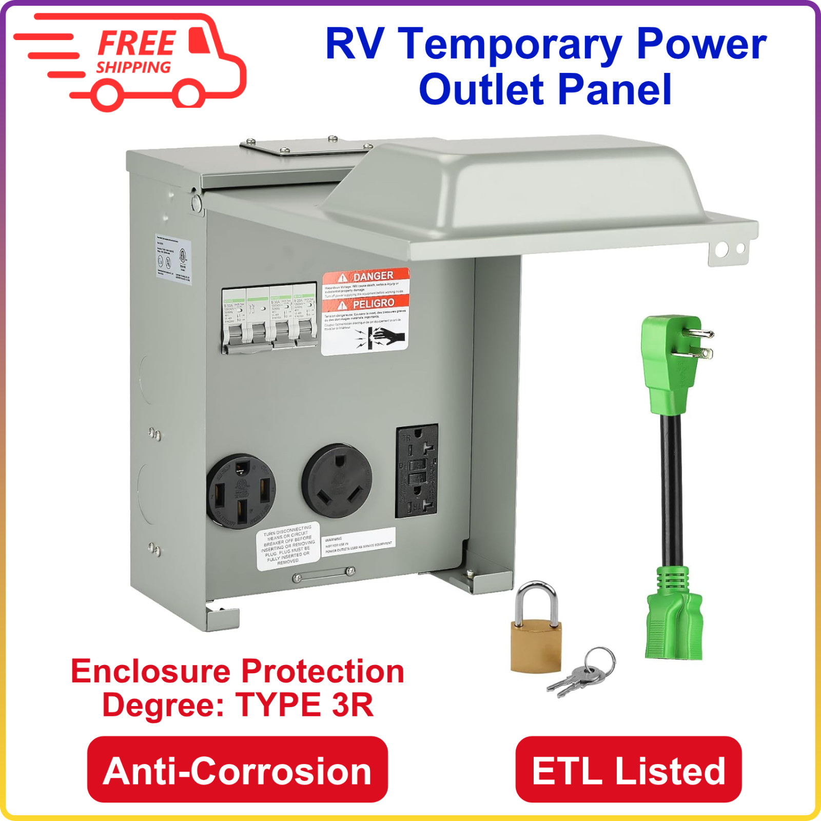 RV Temporary Power Outlet Panel W/ Breaker ETL Listed 20 30 50 Amp RV Receptacle