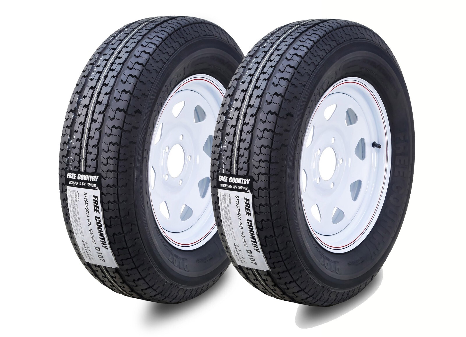 2 FC Trailer Tire Assembly ST205/75R14 8-Ply White Spoke Rim 5 Lug on 4.5″