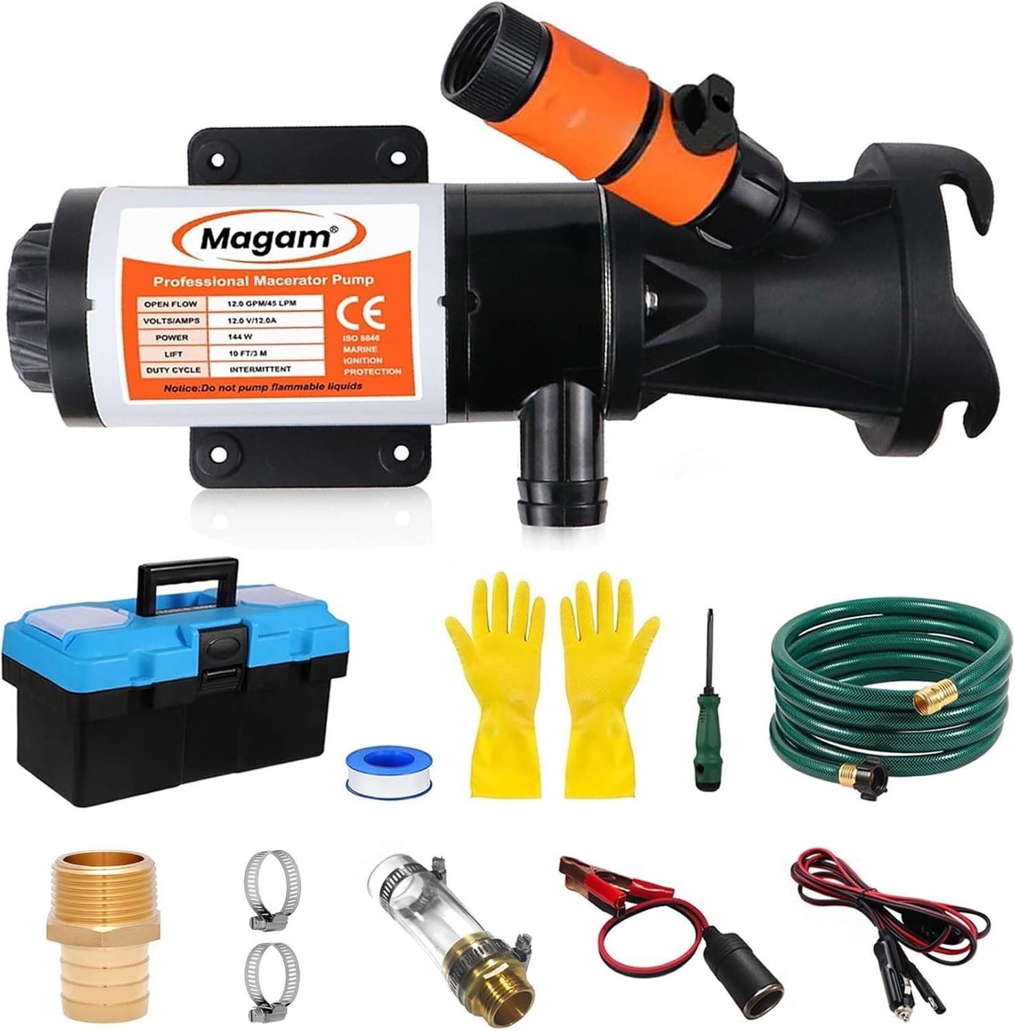 RV Macerator Pump 12V,12GPM Suction 3.2 feet Lift 10 feet with Garden Hose Di…