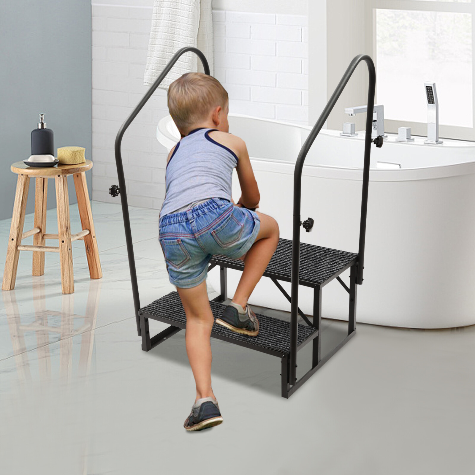 2-Step Adjustable RV Steps with Handrails for Mobile Homes & Trailers