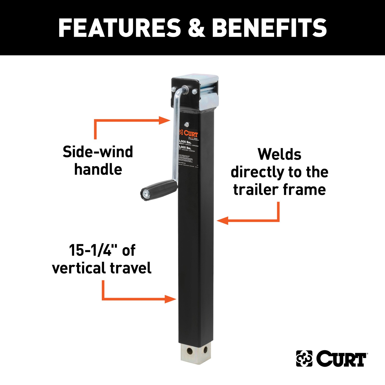 Direct-Weld Square Trailer Jack with Side Handle (5,000 lbs., 15″ Travel) 28359