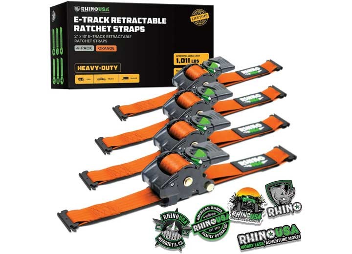 Rhino USA Retractable E-Track Ratchet Straps 2″x10′ 4-Pack Orange
