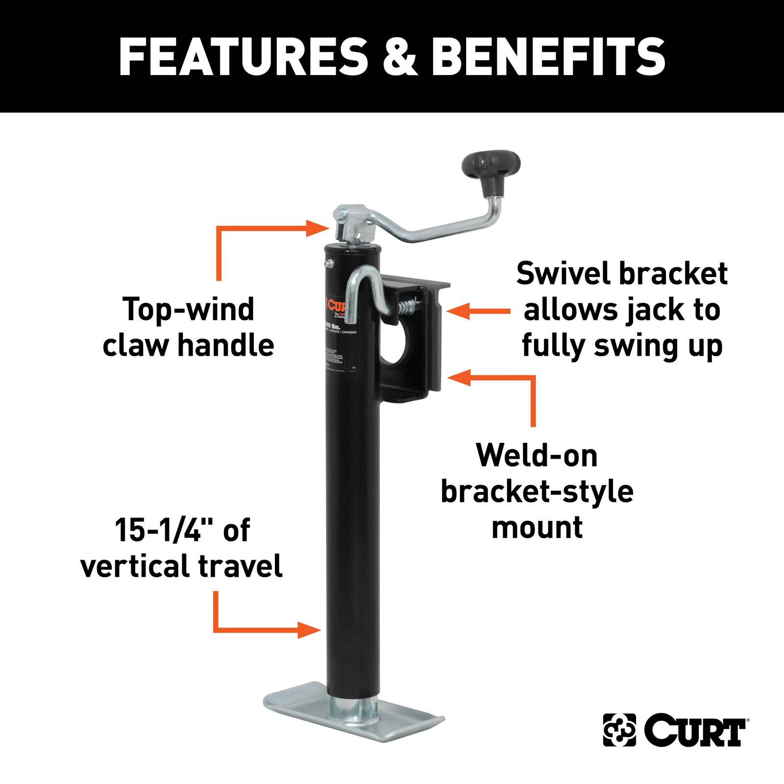 Bracket-Mount Swivel Trailer Jack with Top Handle 2K lbs, 15″ Travel 28304 CURT