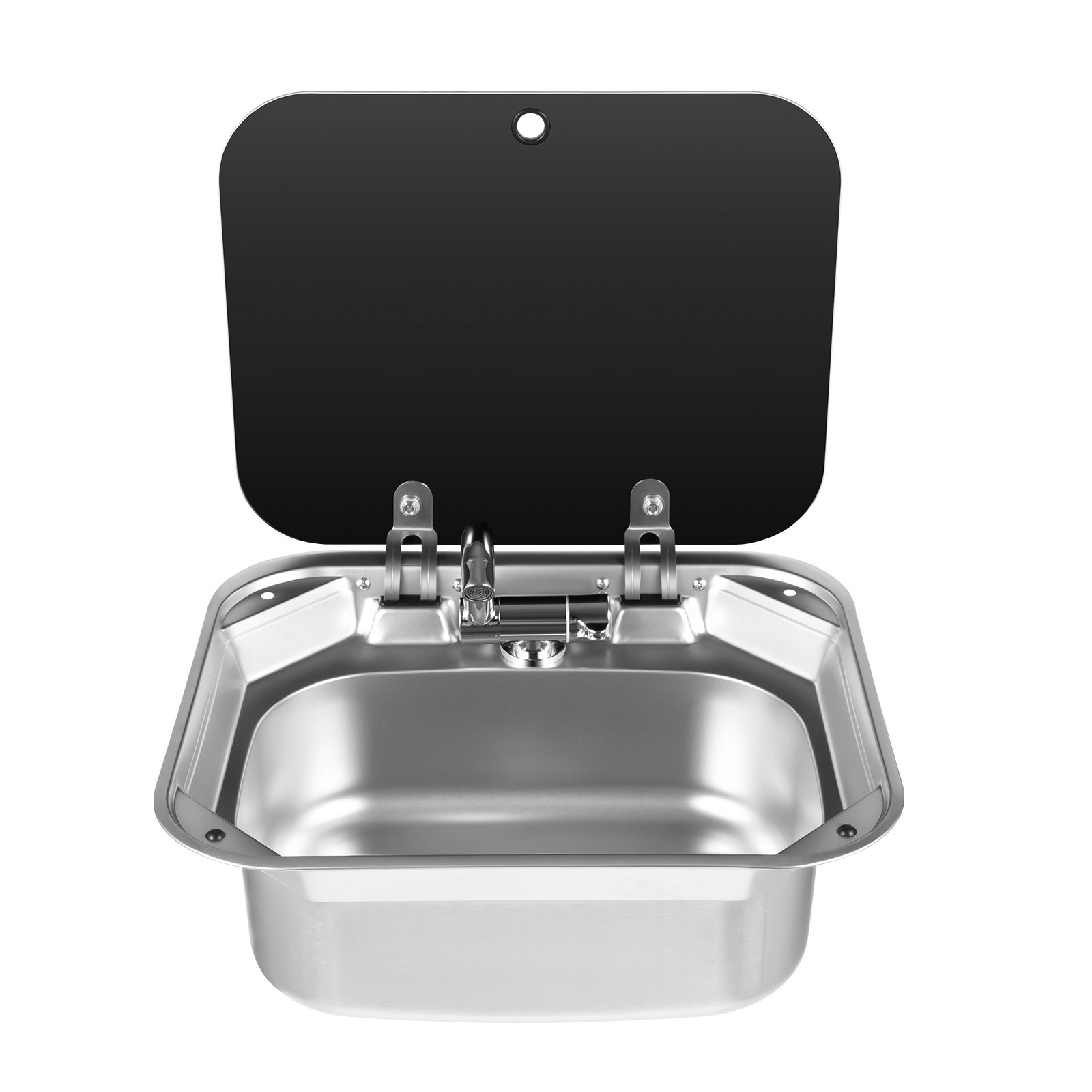 RV Caravan Camper Sink Stainless Steel Hand Wash Basin & Glass Lid & Faucet