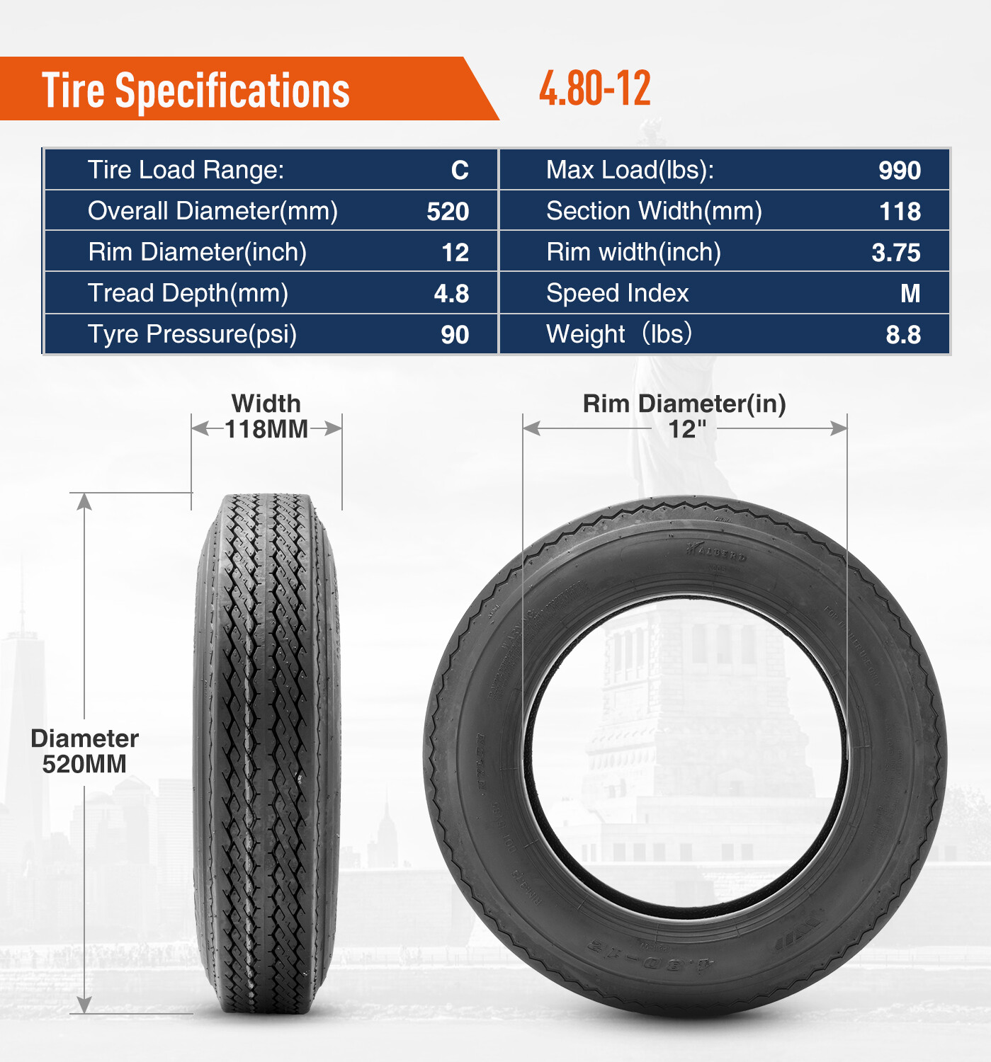 6PR 4.80-12 Boat Trailer Tire 4.80×12 4.8-12 480-12 Replacement Load Range C New
