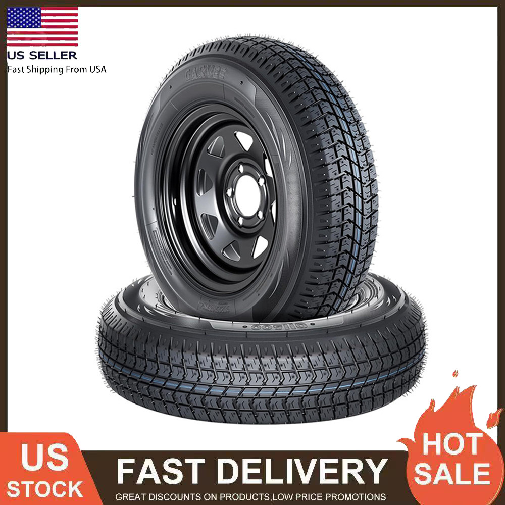 2 Pack ST205/75D14 Trailer Tires & Black Wheels 14″ Rims 5 Lug on 4.5″ 205 75 14