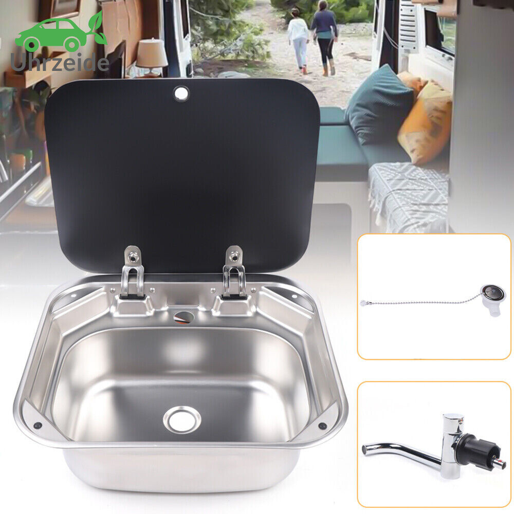 Stainless Steel RV Sink Kit Folding Square Outdoor Sink with Lid+Faucet Full Set