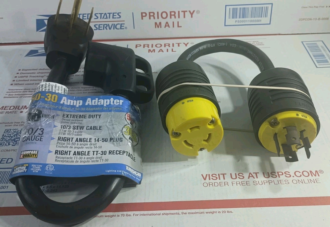 Lot Of 2 RV Extension Cord Adapter Plugs 30 To 50 Amps & 20A 125/250V