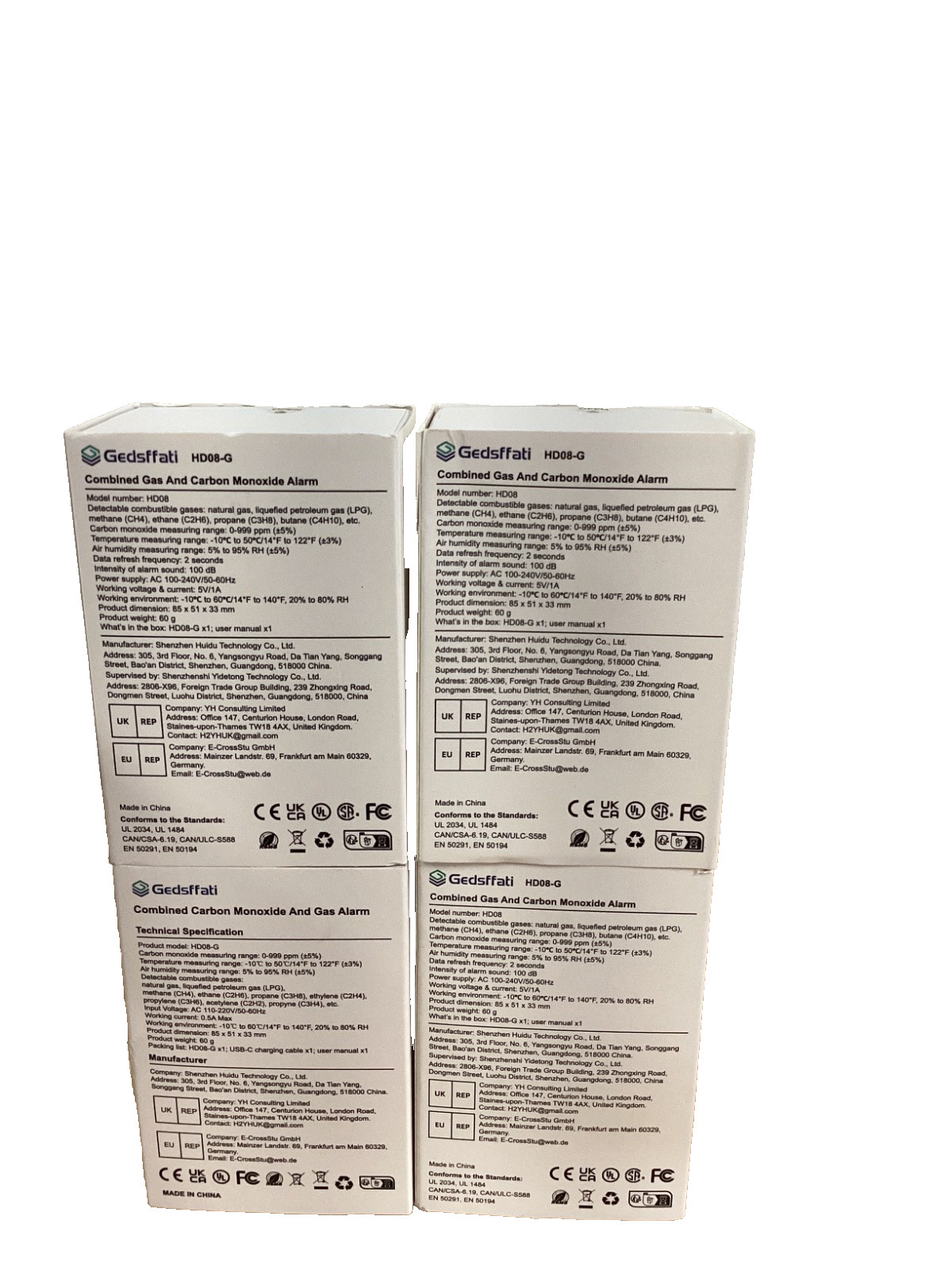 X4 Gedsfattati Dual Carbon Monoxide And Gas Alarm 110-220v HD08-G Sealed Box