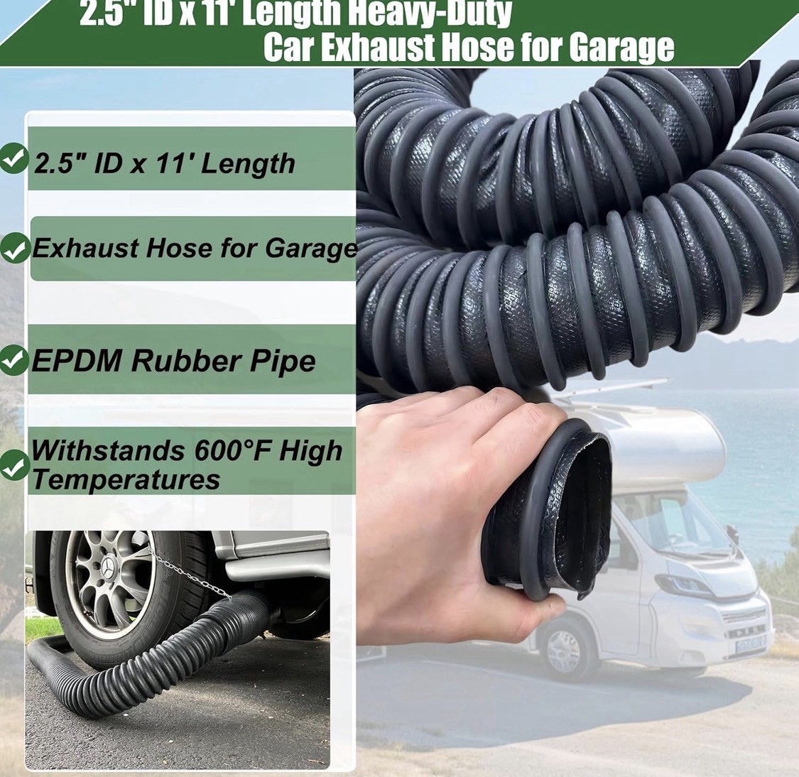 2.5in x 11ft Heavy Duty Garage Exhaust Hose EPDM Rubber 600°F No Clamps
