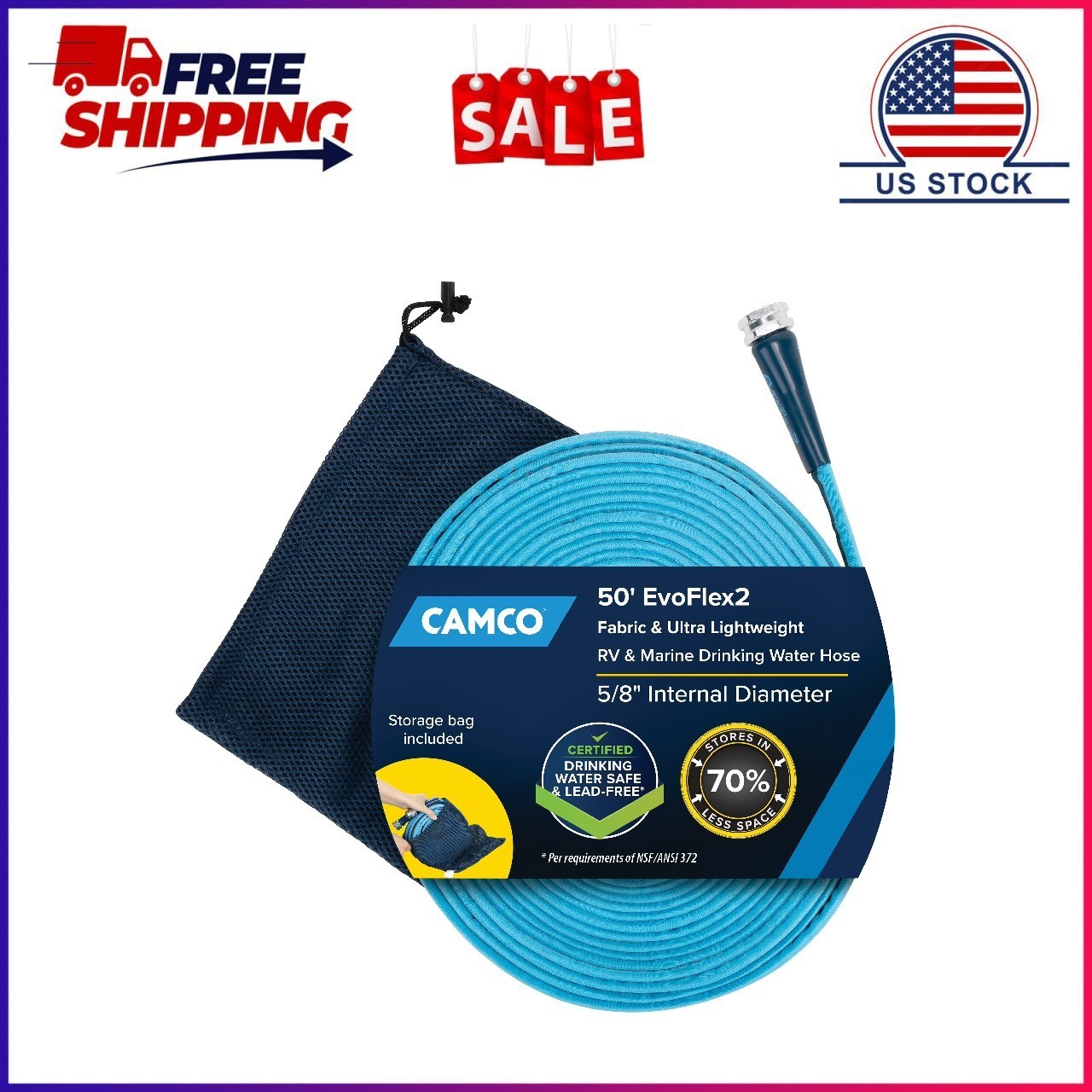 Camco EvoFlex2 50-Foot RV Drinking Water Hose – 5/8-Inch Inner Diameter, Blue