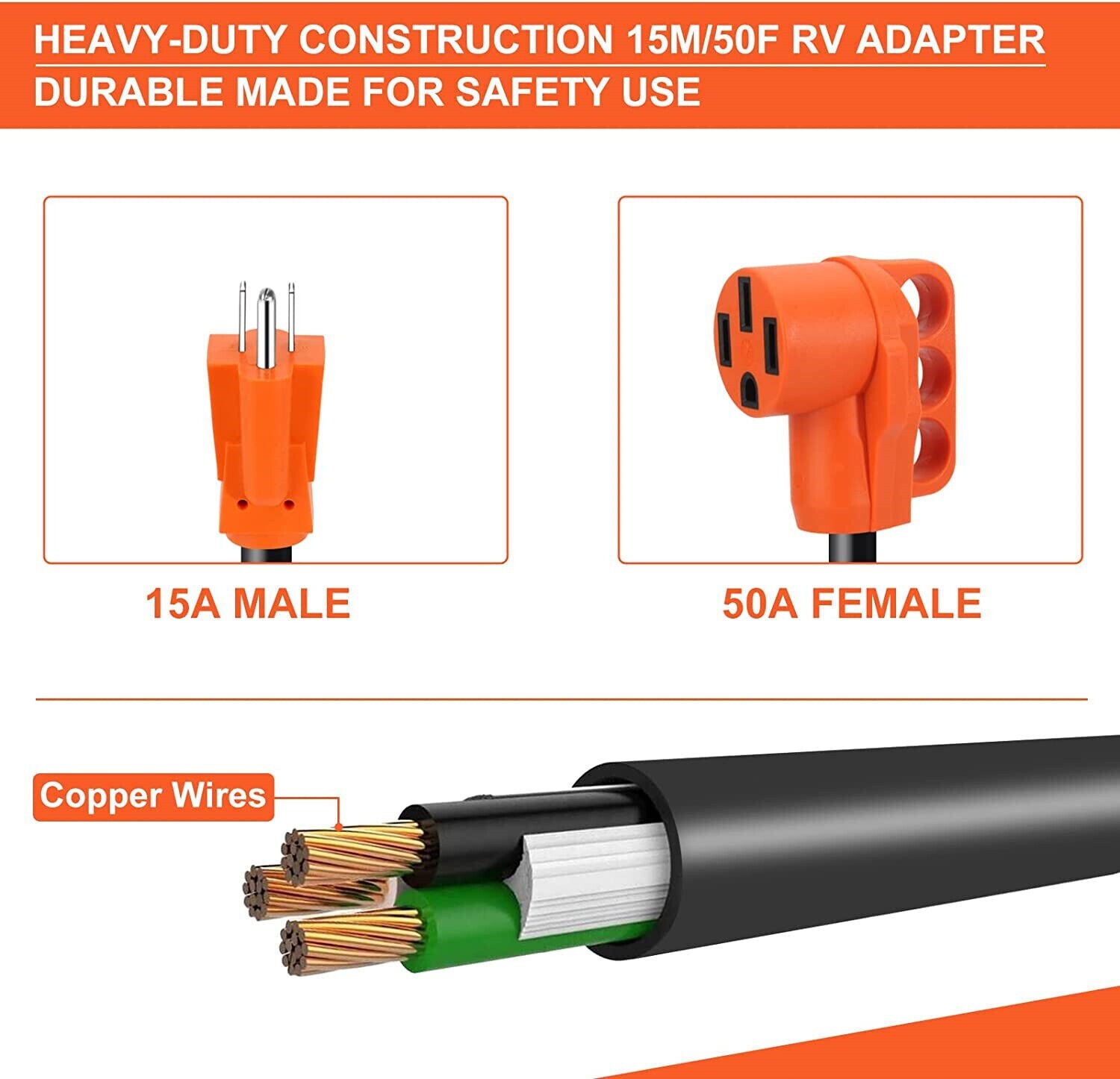 RV Adapter Cord 50 A Female to 15A Male Plug 12-Inch, NEMA 5-15P to 14-50R