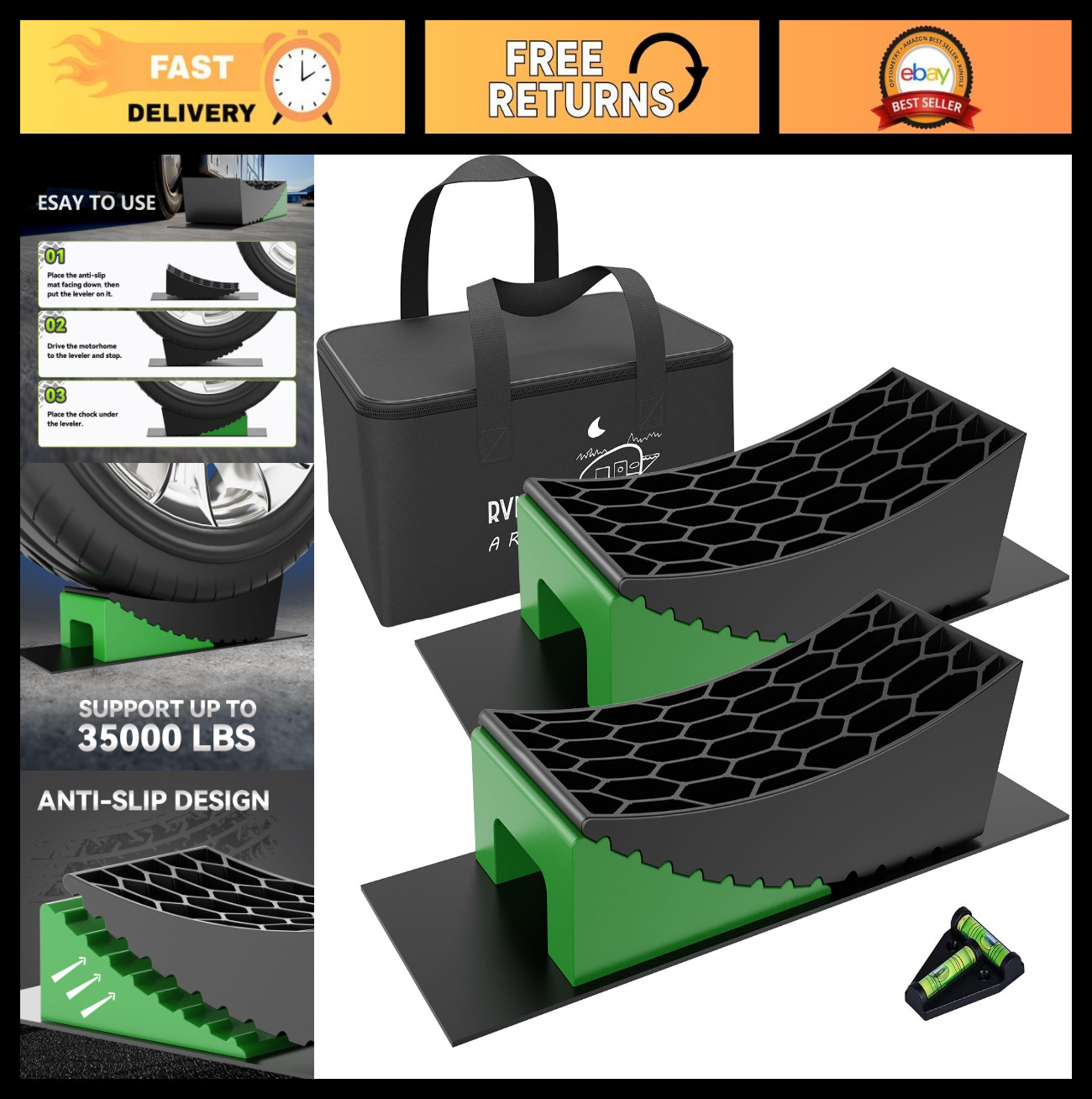 8-Piece RV Leveling Blocks Kit | Camper Levelers, Wheel Chocks & Grip Mats