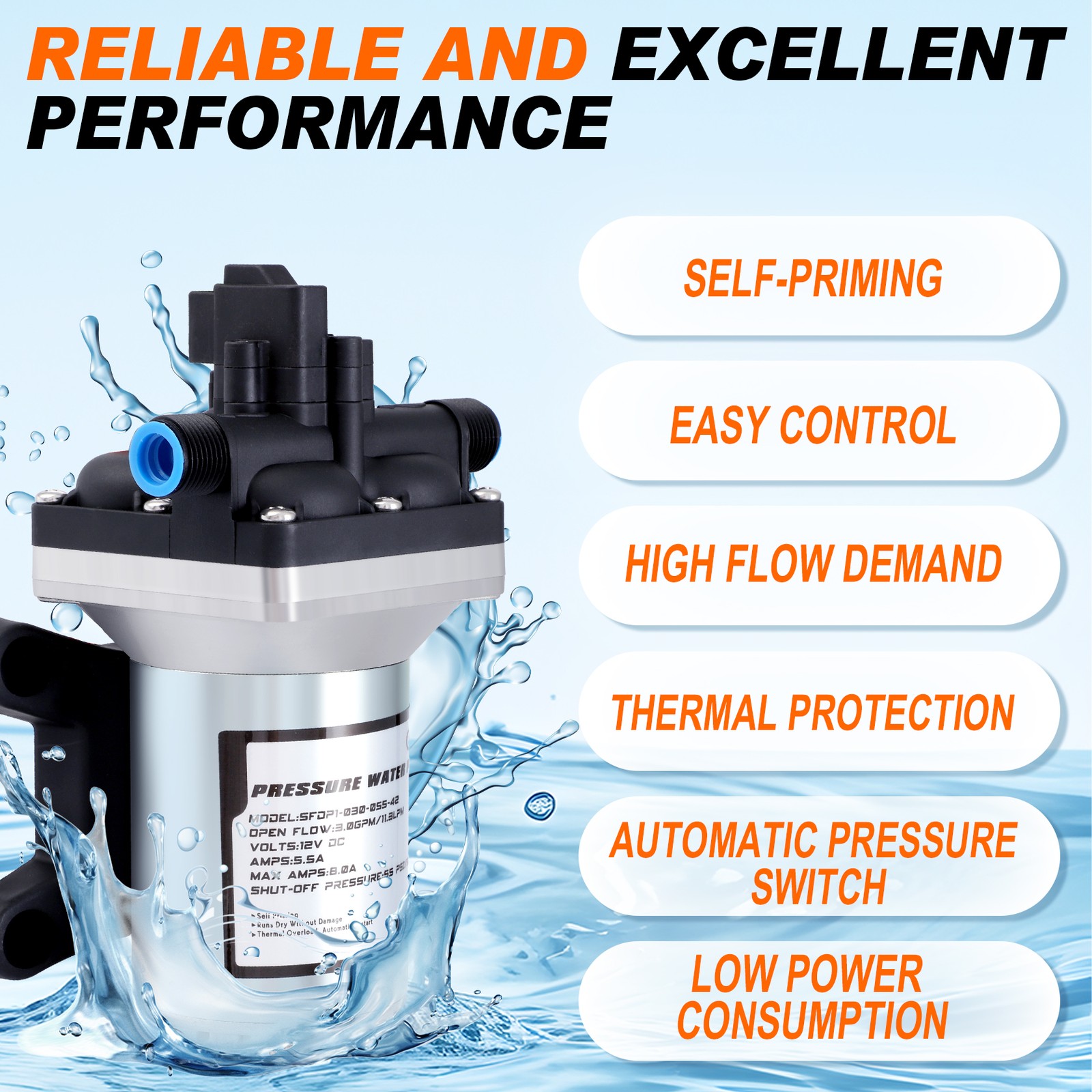 RV Water Pump 12 Volt DC 3.0GPM 55PSI Twist on Filter Boat Marine High Pressure