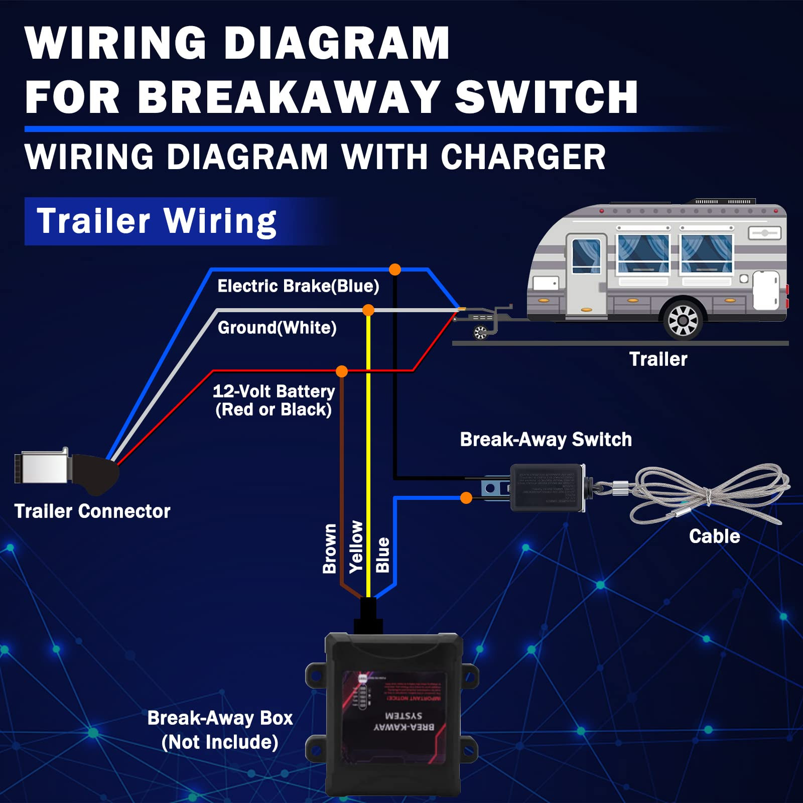 7 Way Trailer Cord and 7 Gang Junction Box Kit with 12V Breakaway Switch