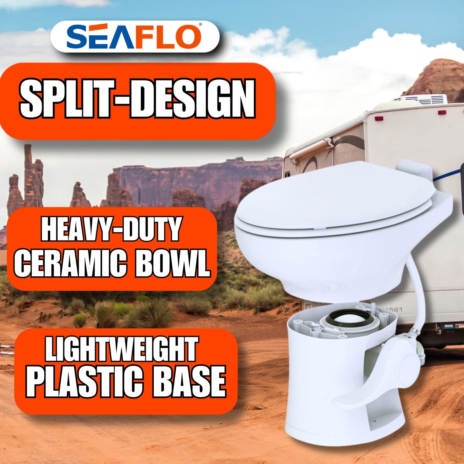 SEAFLO Residential Height Camper/RV Toilet with Elongated Ceramic Bowl, 19”